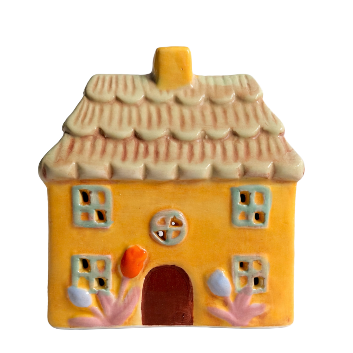 Windlicht Haus gelb, putziges Keramikhaus mit Blumen, 12cm