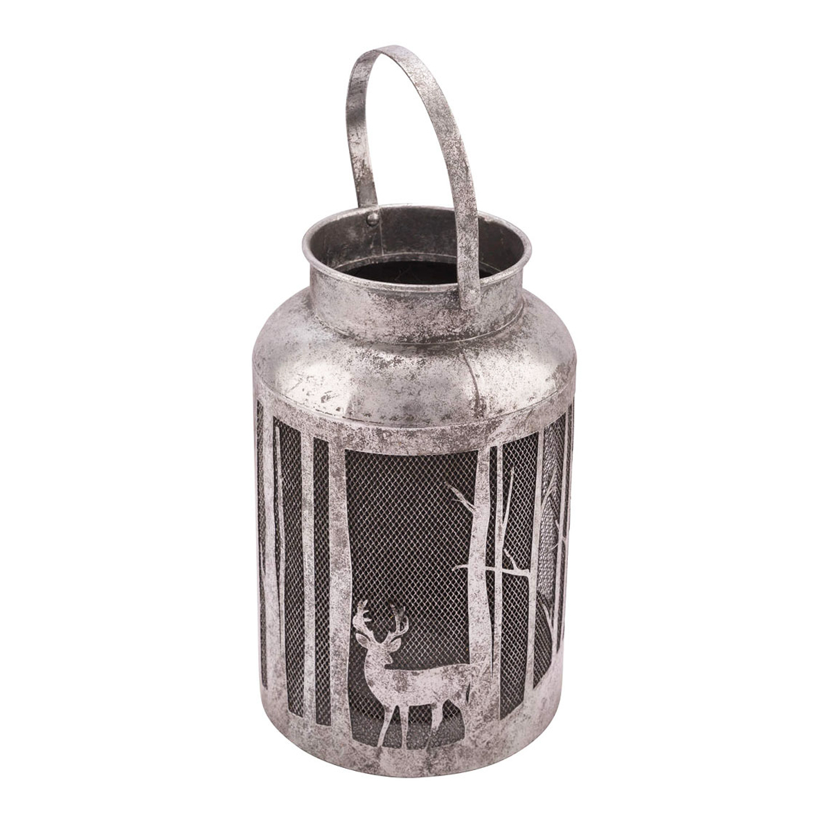 Laterne mit Henkel, Hirsch und Drahtgitter, silber antik, Metall, 25cm