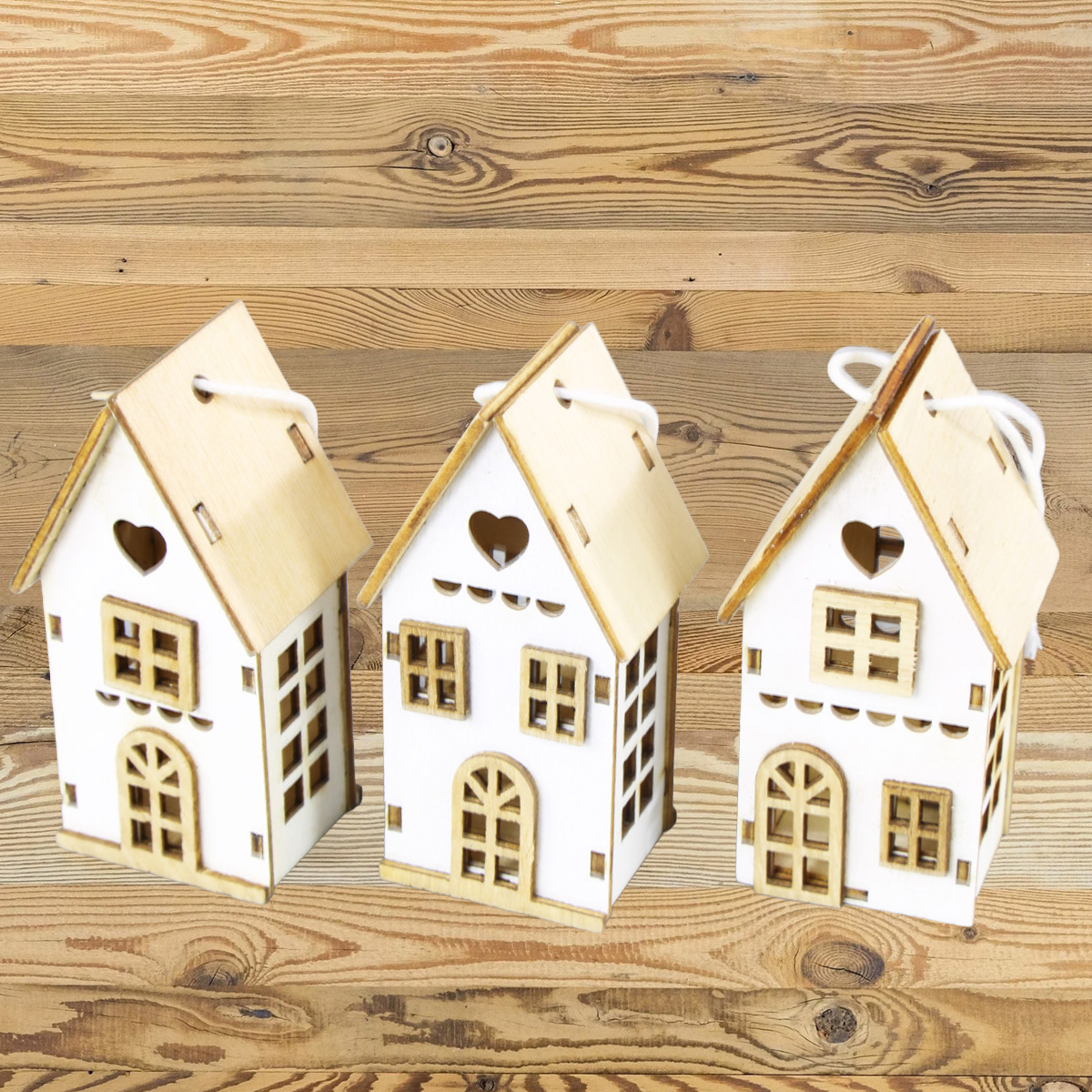 Deko Häuschen Landhaus, 3er Set Holzhäuser, weiß-natur, 12x8cm, zum Stellen oder Hängen
