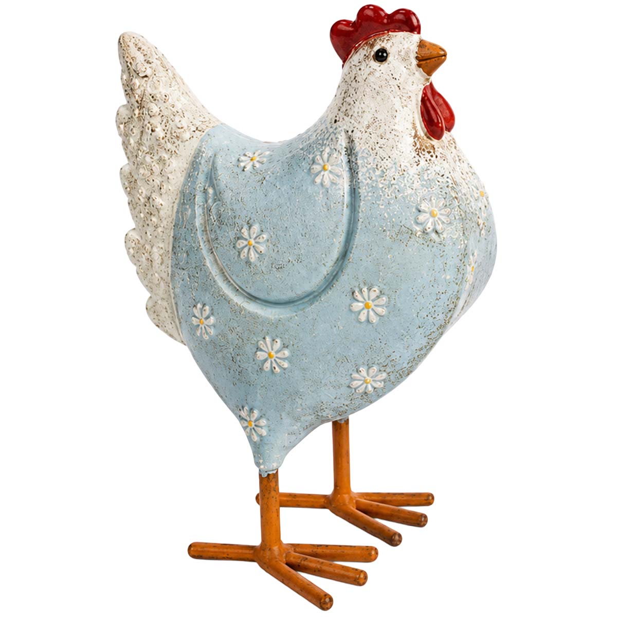Deko Huhn mit Blumen, Metallhuhn hellblau-creme Used Look