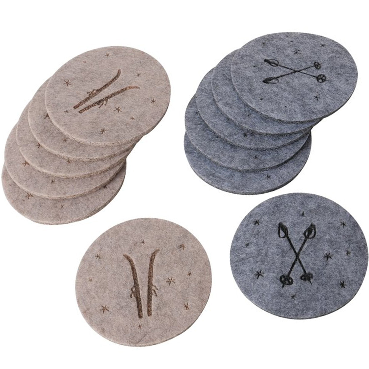 Filz Untersetzer Mountains Skistöcke oder Ski, beige/grau, Ø10cm, 6tlg, Boltze Home Collections