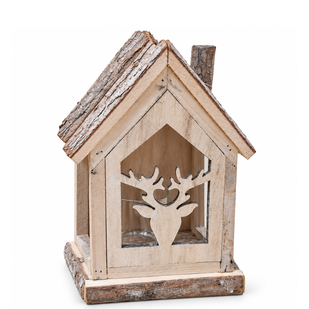 Rustikales Deko-Windlicht Haus, Natur-Holzhaus  mit Hirschkopf, 29cm