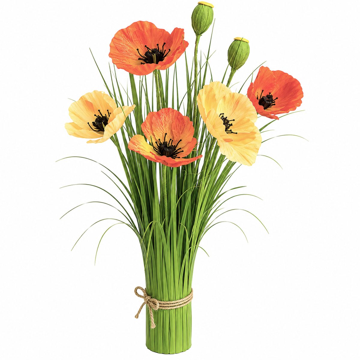 Kunstpflanze Sommerstrauß, grünes Gras mit orangen und gelben Blumen, 60cm