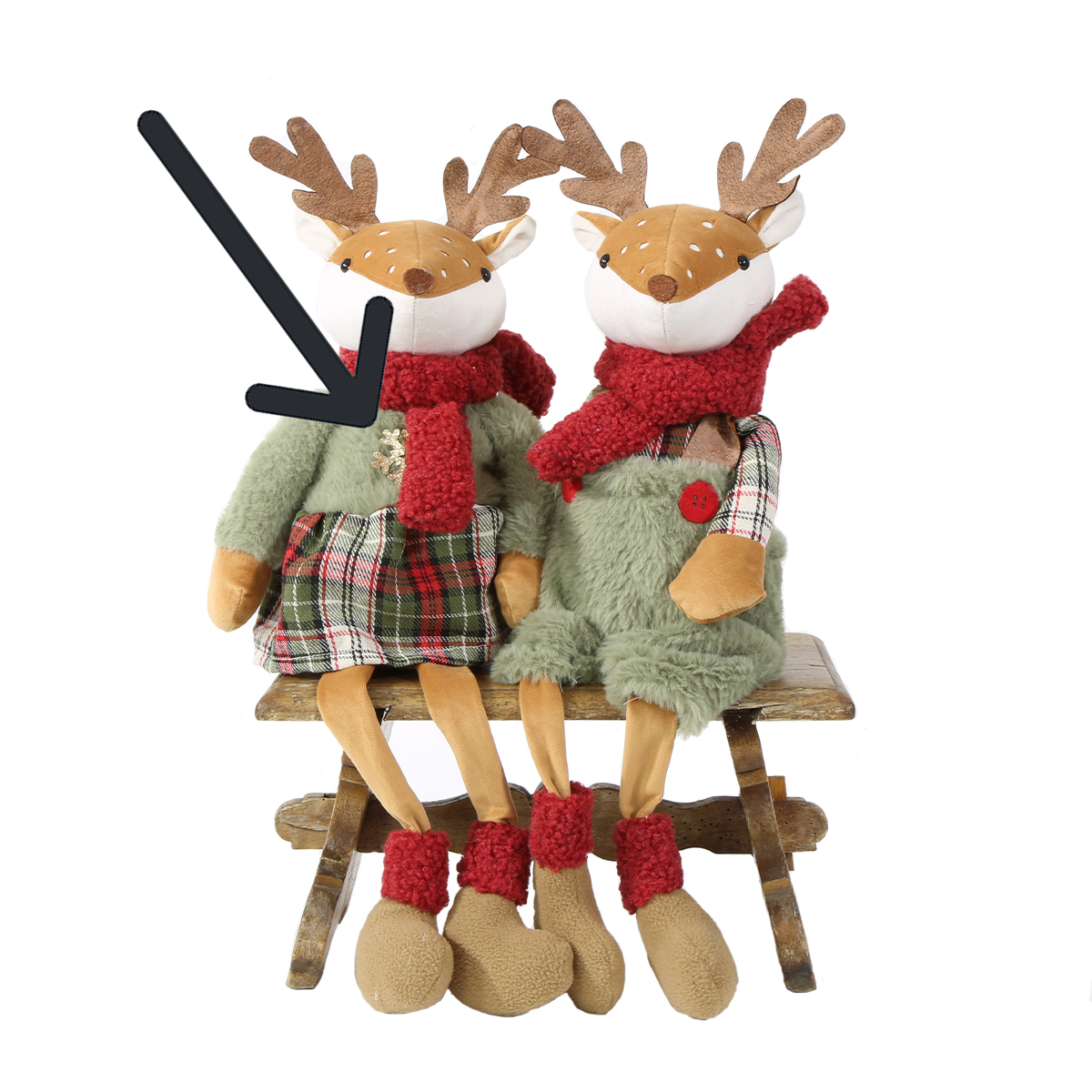 Deko Textil-Hirsch mit Bammelbeine, Hirschdame mit Karokleid und Plüschoberteil, 58cm