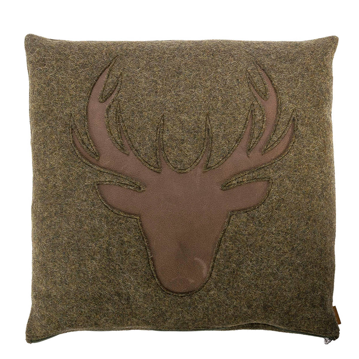 Landhaus Loden Kissen "Johann" großes moosgrünes Filzkissen mit Lederapplikation Hirsch, 52x52cm