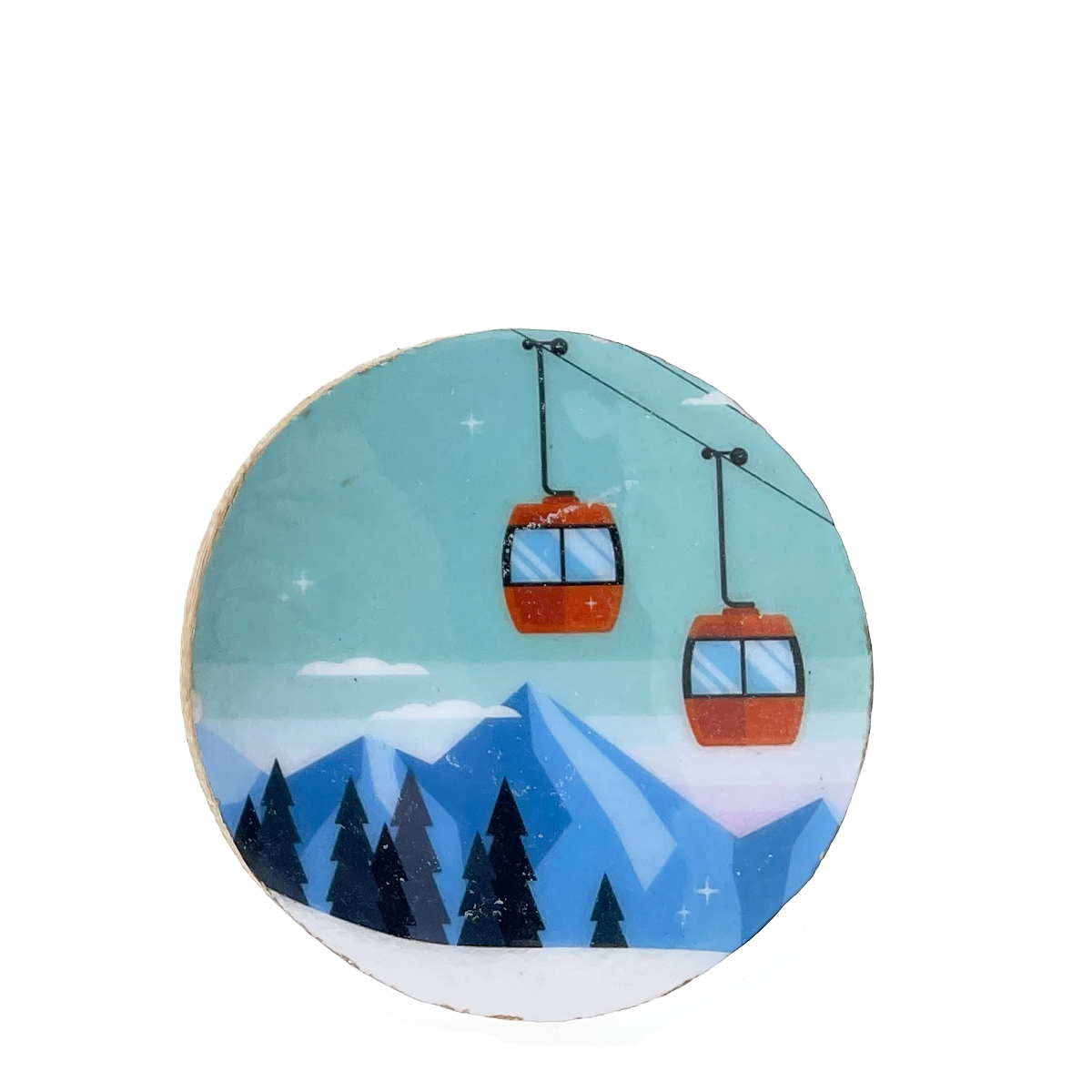Untersetzer Gondel aus Mangoholz mit Bergmotiv und Seilbahn, Set 4-teilig, Ø10cm