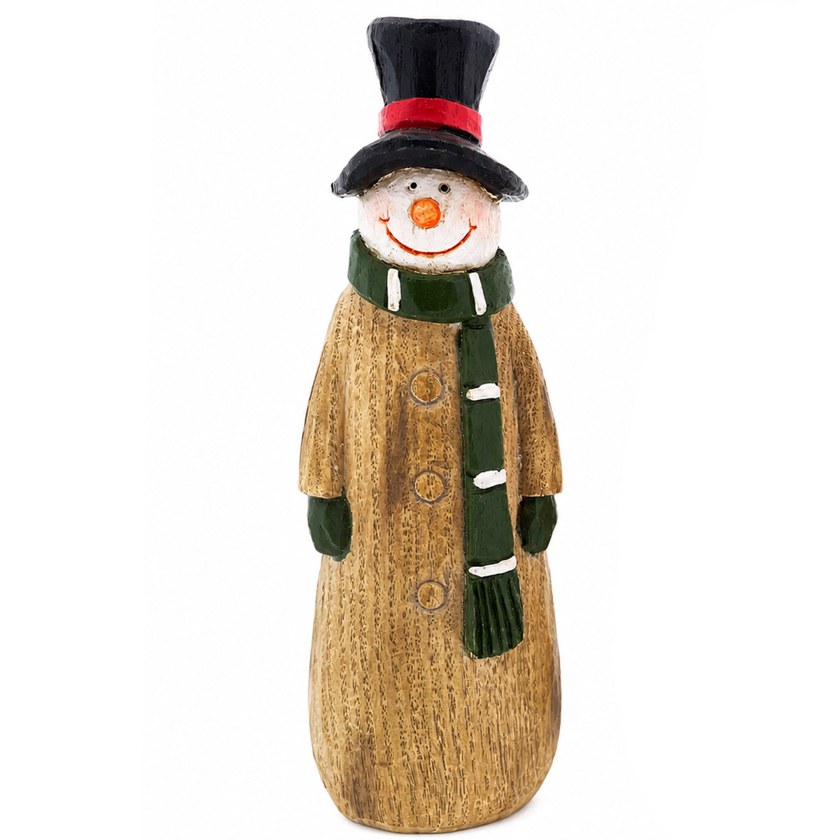 Deko Schneemann mit grünem Schal und Hut, Holzoptik, 16cm