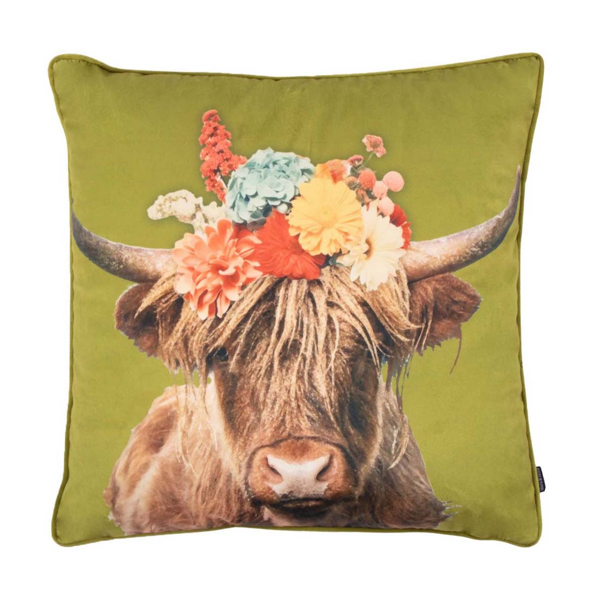 Deko Kissen Schottisches Hochlandrind mit Blumen bunt, 45x45cm, Mars & More