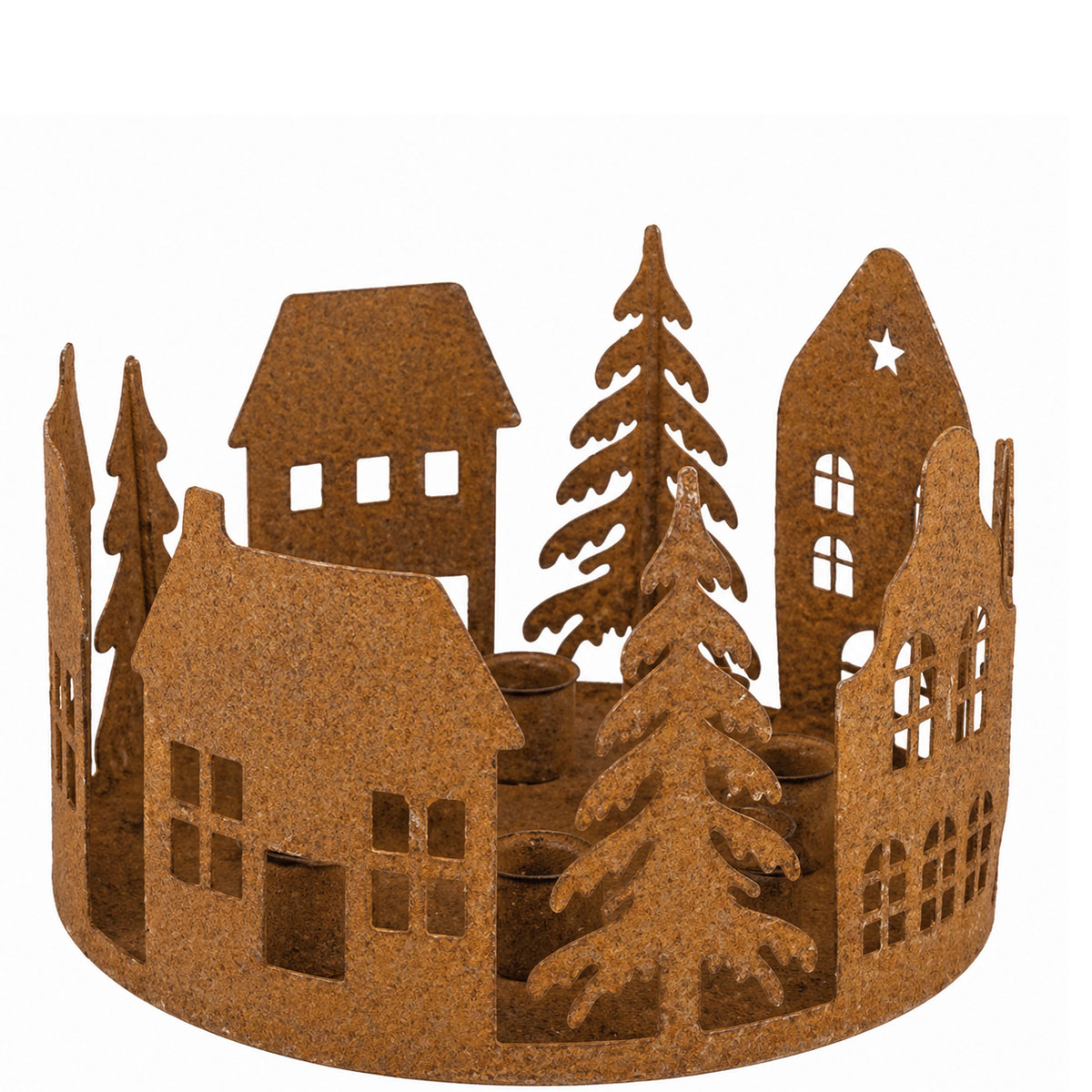 Kerzenhalter Rostschale Häuser und Tannenbäume, für 4 Stabkerzen