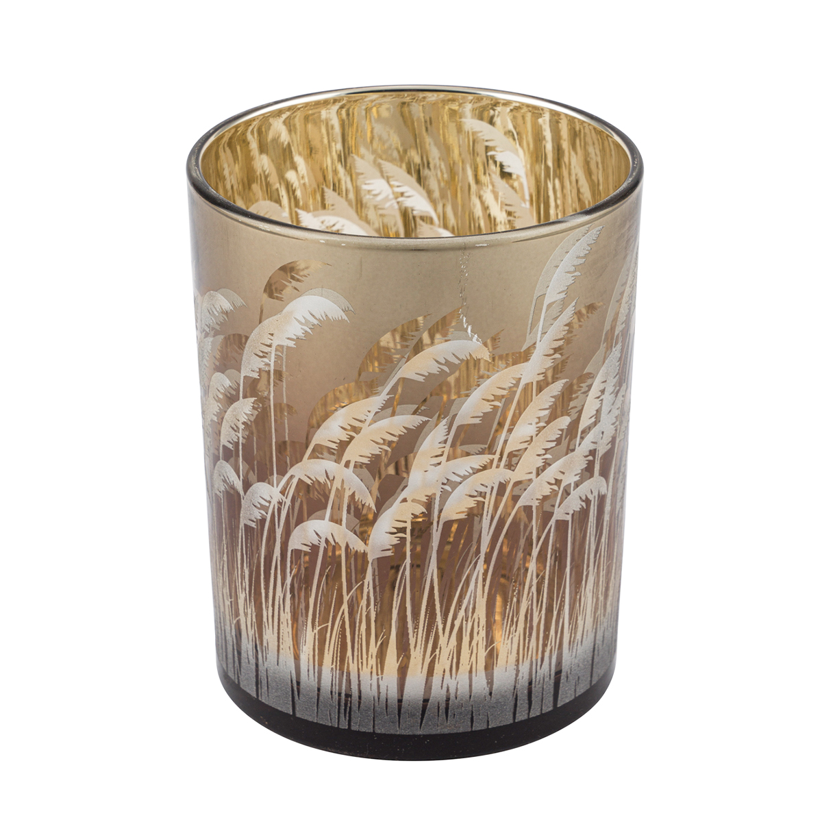 Deko Windlicht Gräser, Glaswindlicht mit Schilf-Motiv, durchscheinend, 17cm