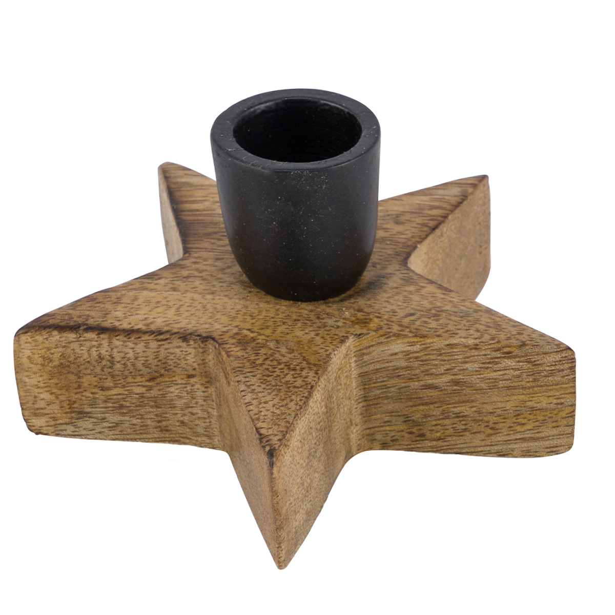 Kerzenhalter Stern, Holz-Metall-Kerzenhalter für Stabkerzen in Sternform, natur-schwarz