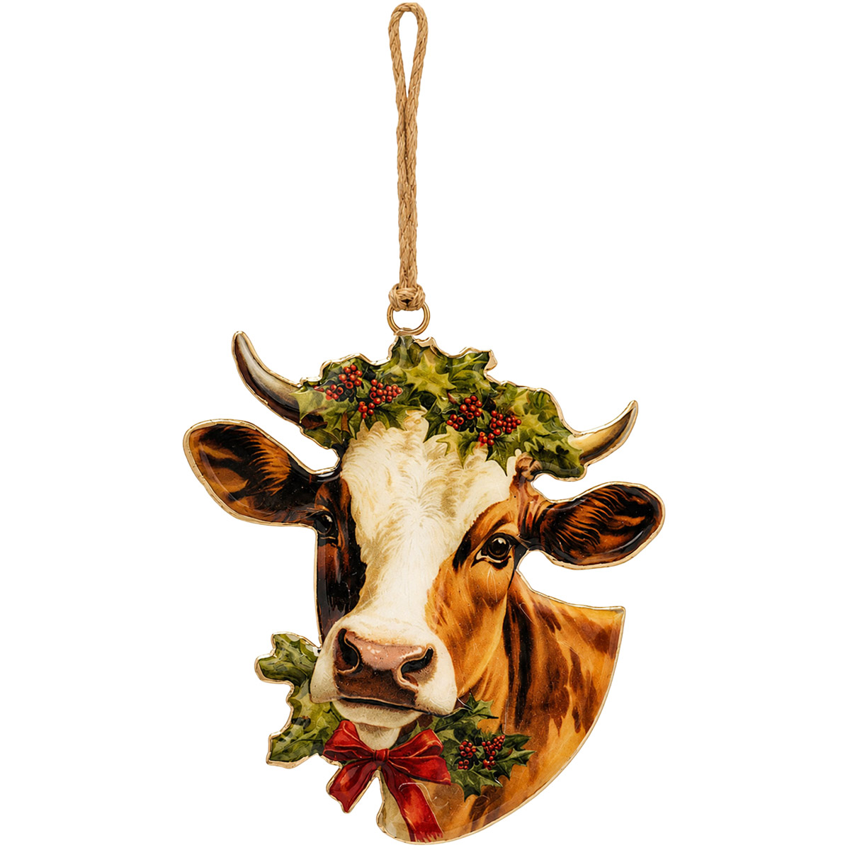 Weihnachtshänger Kuh Vanas, Emaillehänger Rind mit Schleife und Mistelkranz, Boltze Home Collections
