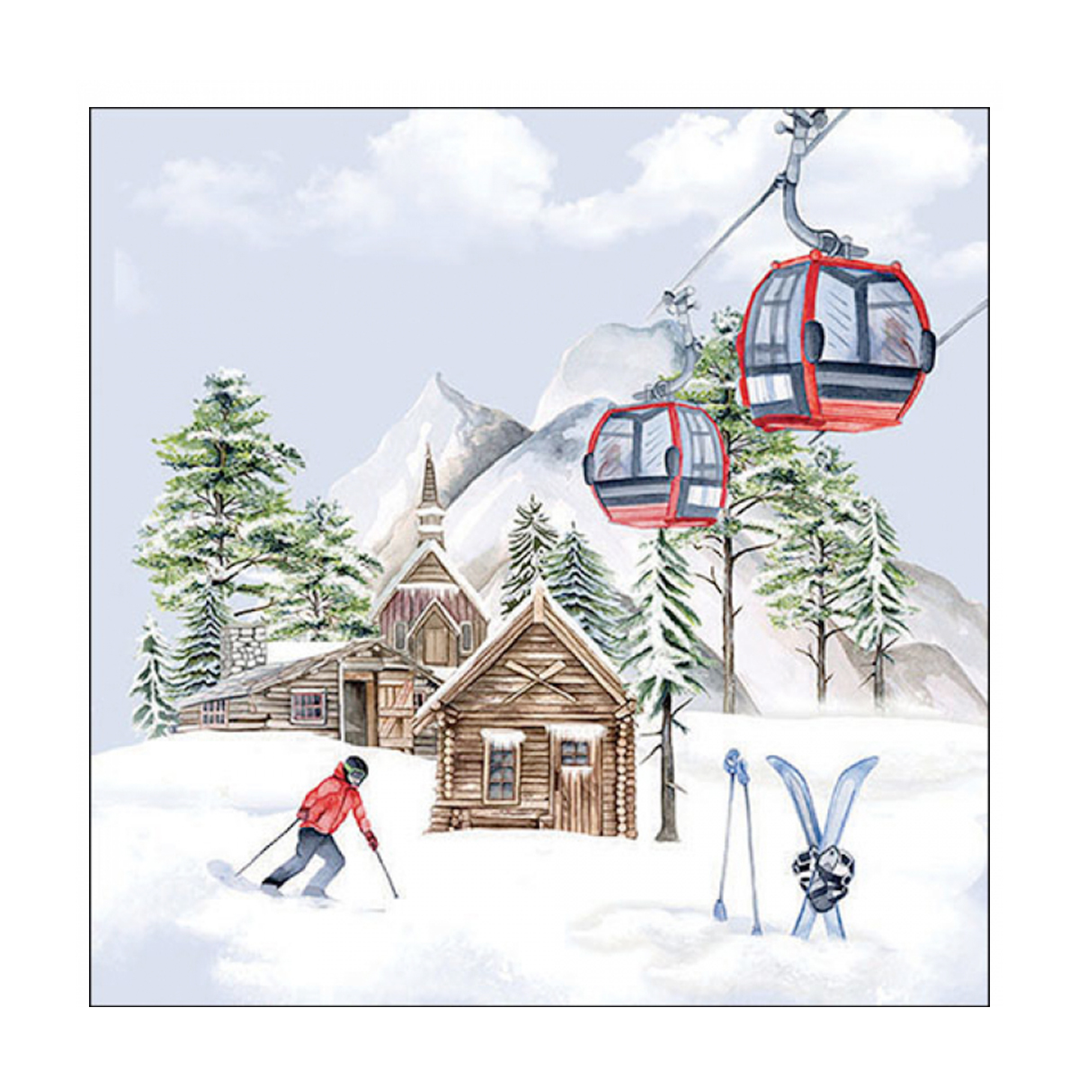Ambiente Papierservietten Winter - Berggondel und Skifahrer, 33x33cm