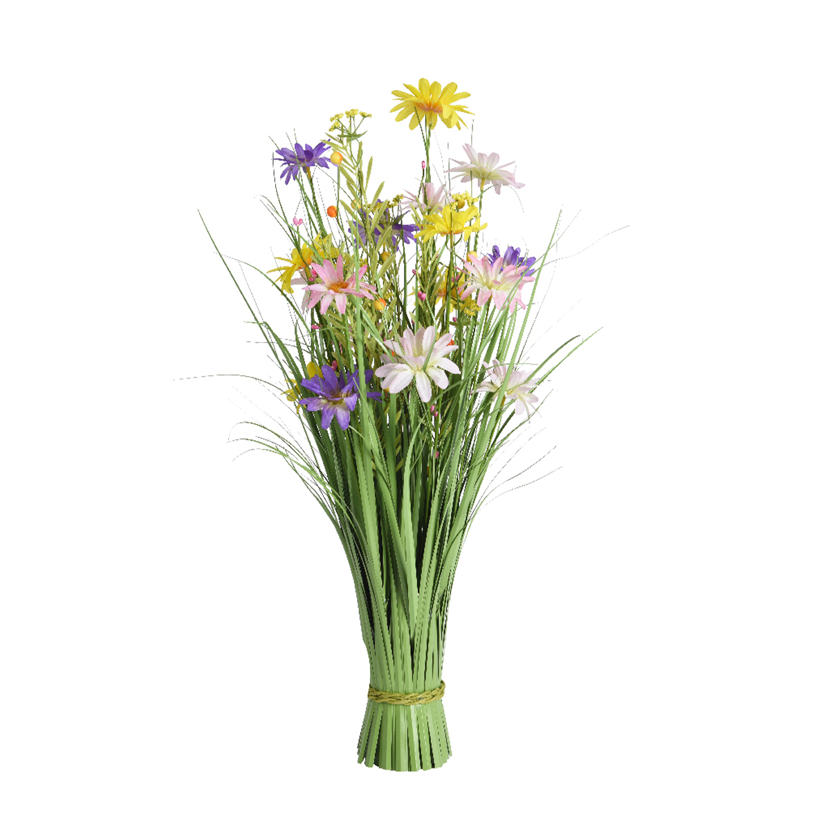 Kunstpflanze Grasbusch mit Sommerblumen gelb-rosa, Stehgras mit Blüten, 70cm