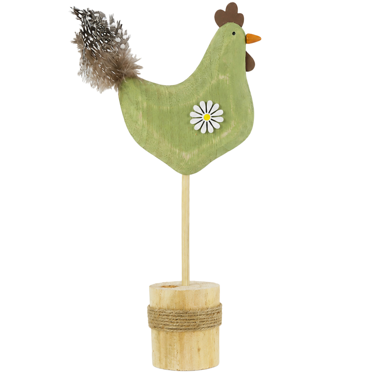 Deko Hahn auf Sockel, Holzhahn mit Blume, grün-natur, 23cm