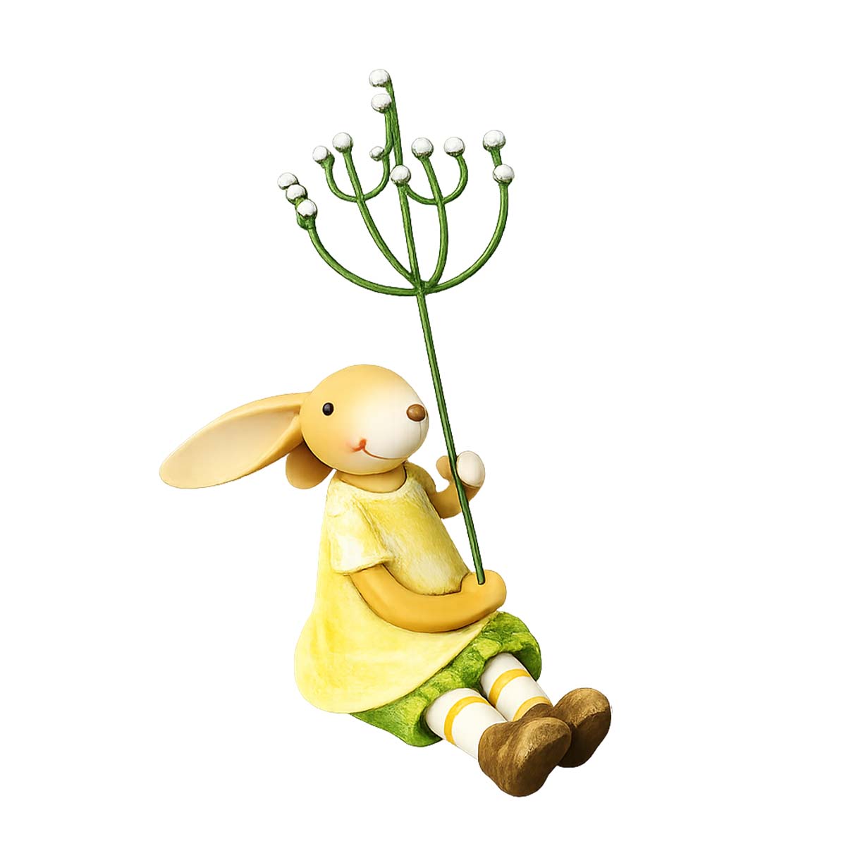Deko Hase, Osterhase Sannie sitzend, Osterhase mit Kleid und Blumenstengel, 13cm, Polyresin
