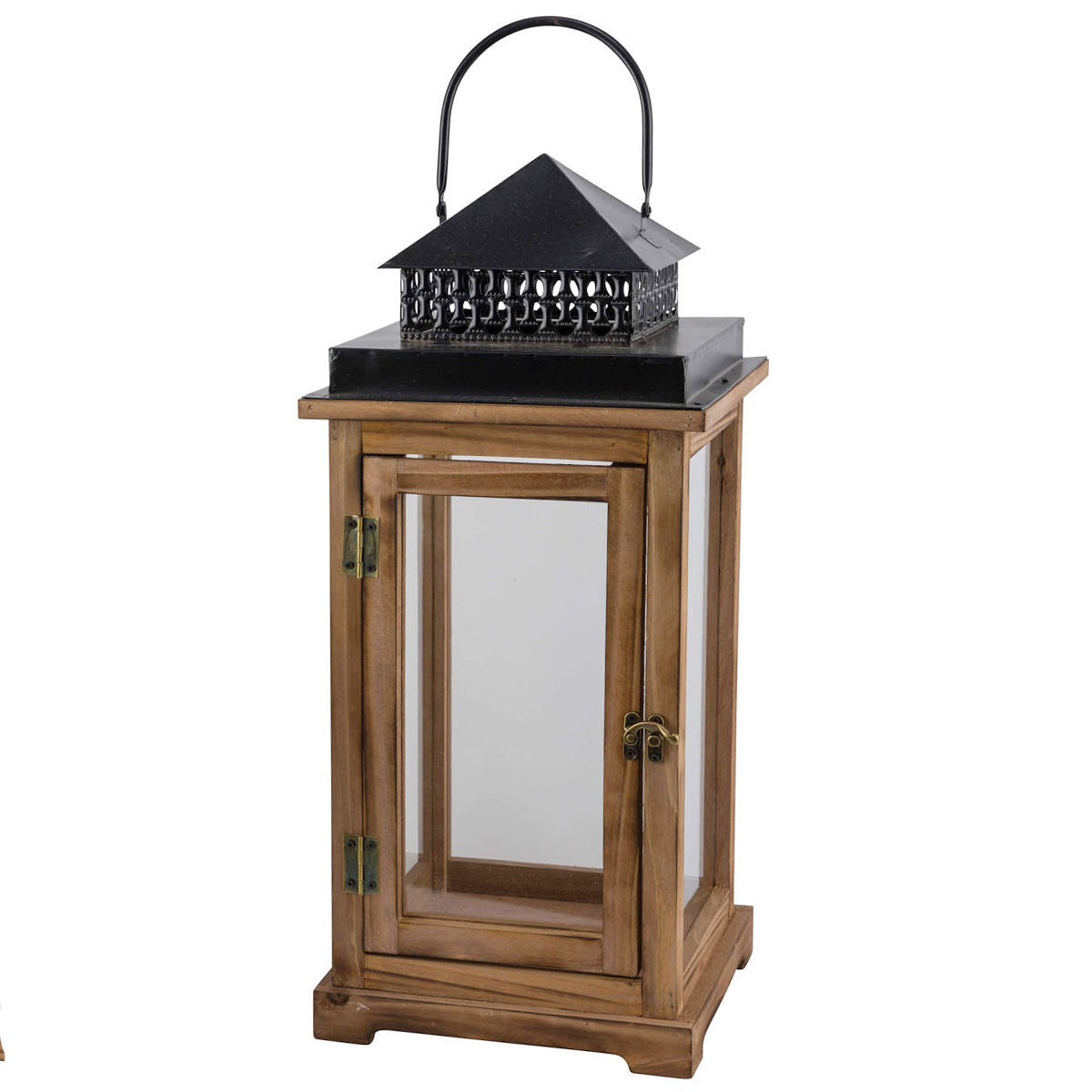 Windlicht Naturholz, braune Holzlaterne mit schwarzem Metalldach, 50cm