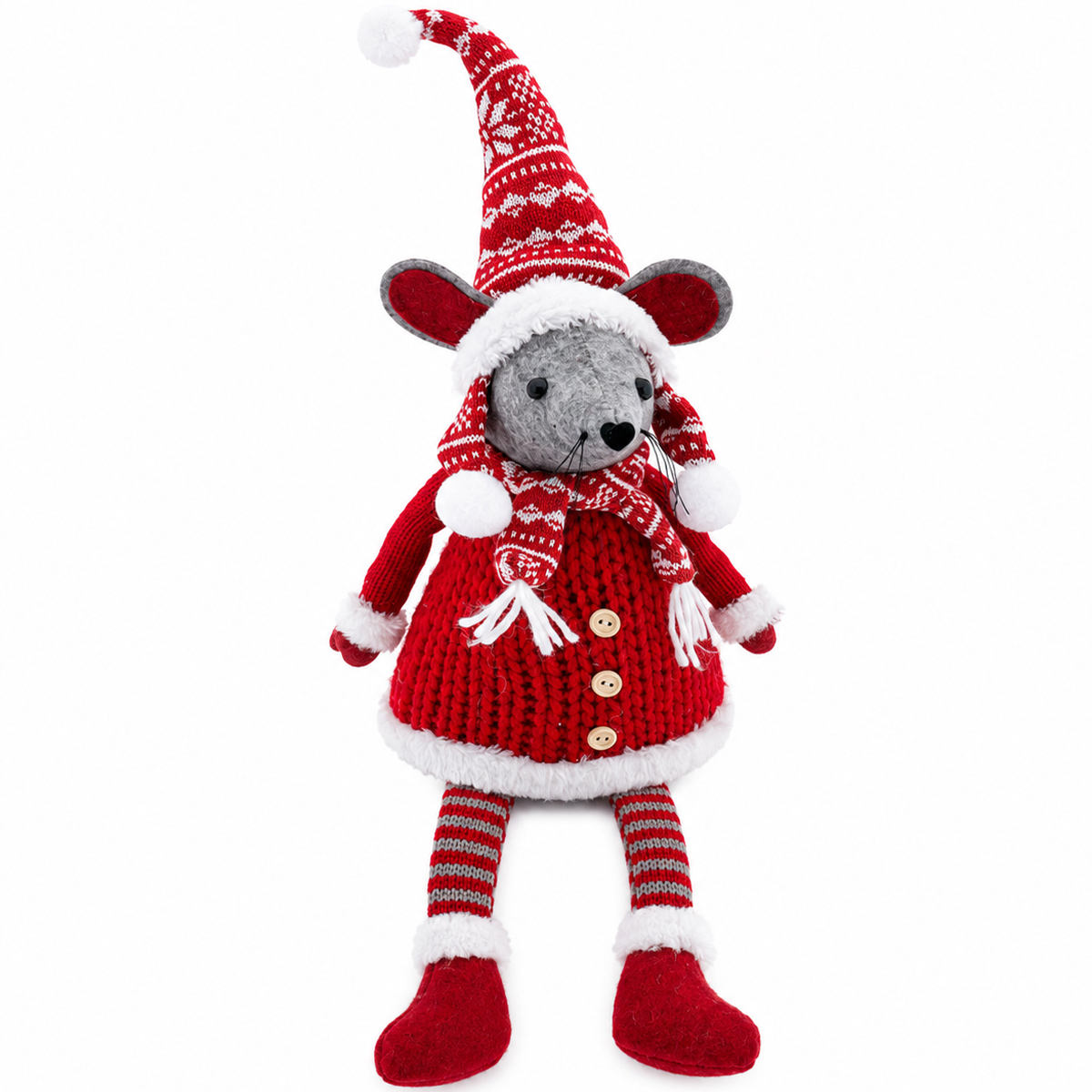 Deko Weihnachtsmaus, Filzmaus mit rotem Strickkleid und Norweger-Mütze