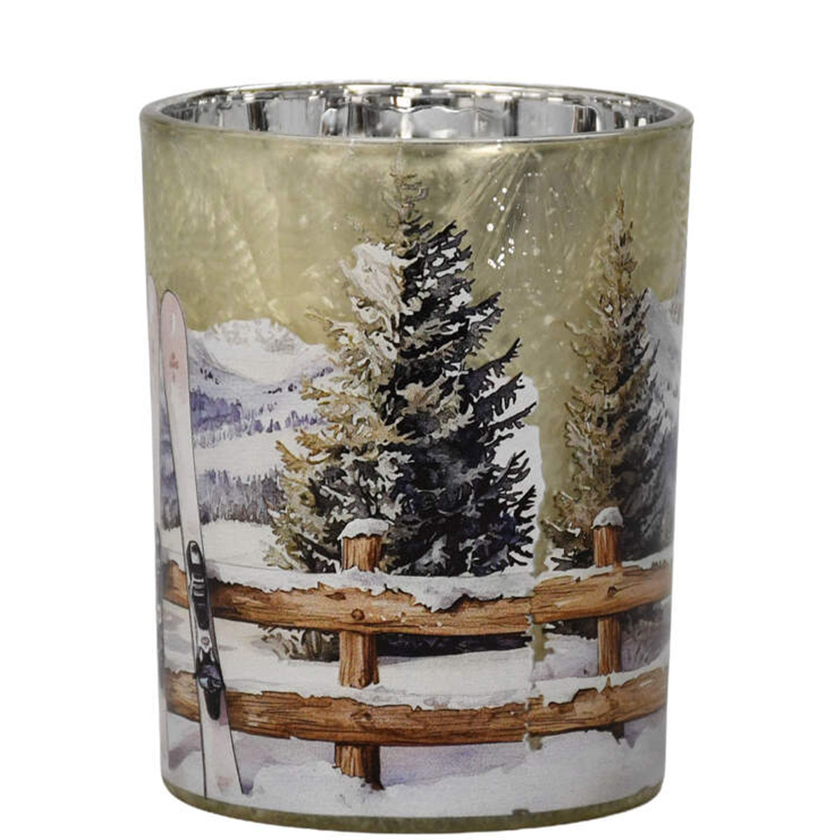 Windlicht Ski in den Bergen – Winterliches Glas-Windlicht mit Alpenmotiv, 12cm