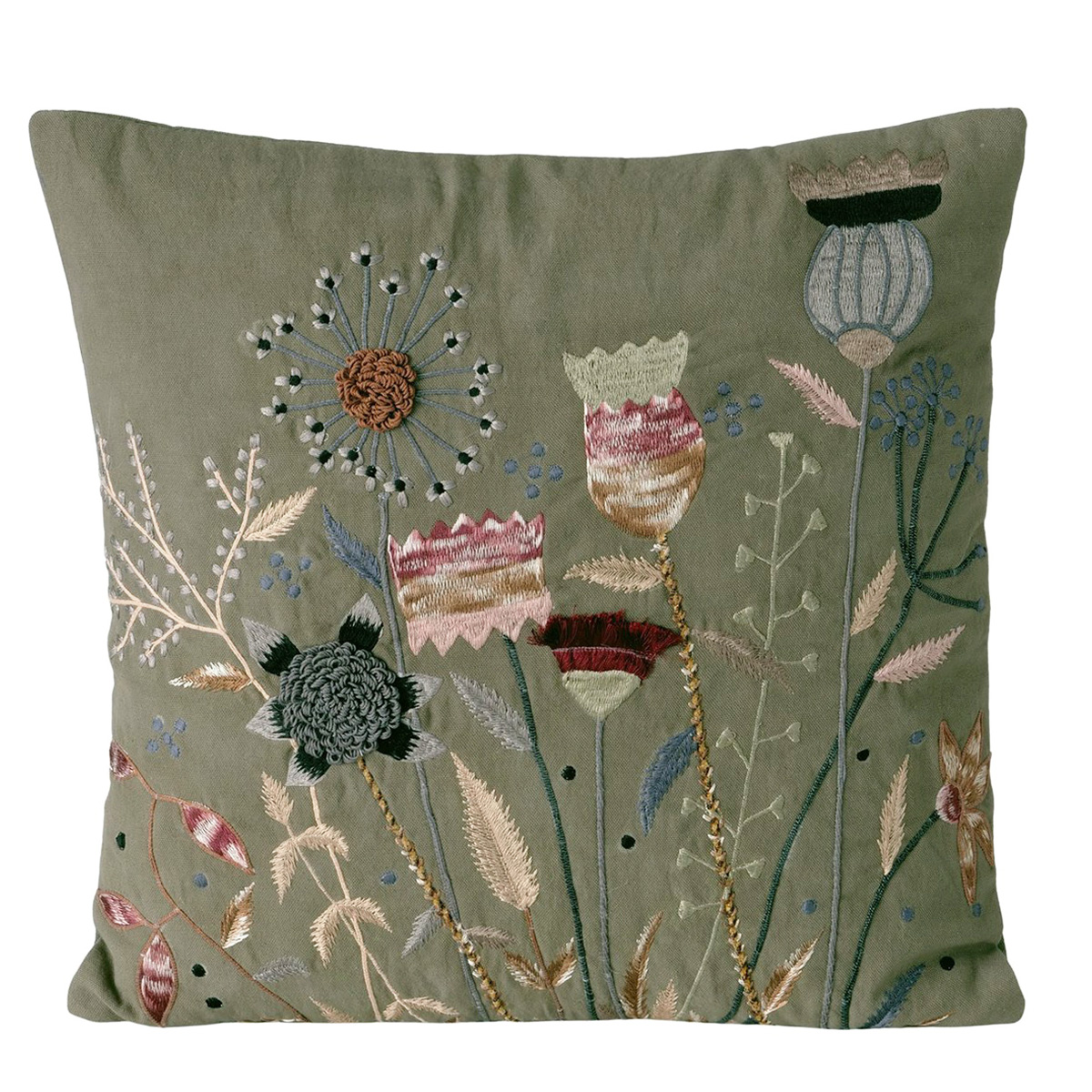 Baumwoll-Leinen Kissen Ramoni, Blumenkissen salbeigrün, rosa-beige bestickt, 45x45cm, Boltze Home Collections