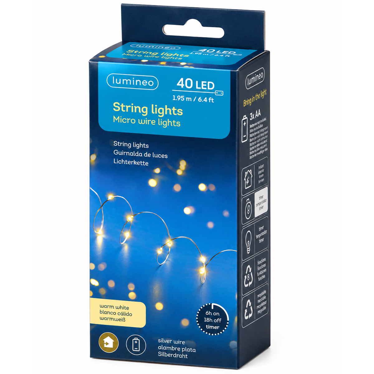 Micro LED Lichterkette, Strangbeleuchtung warmes weiß, 40 LED, 195cm, Lumineo