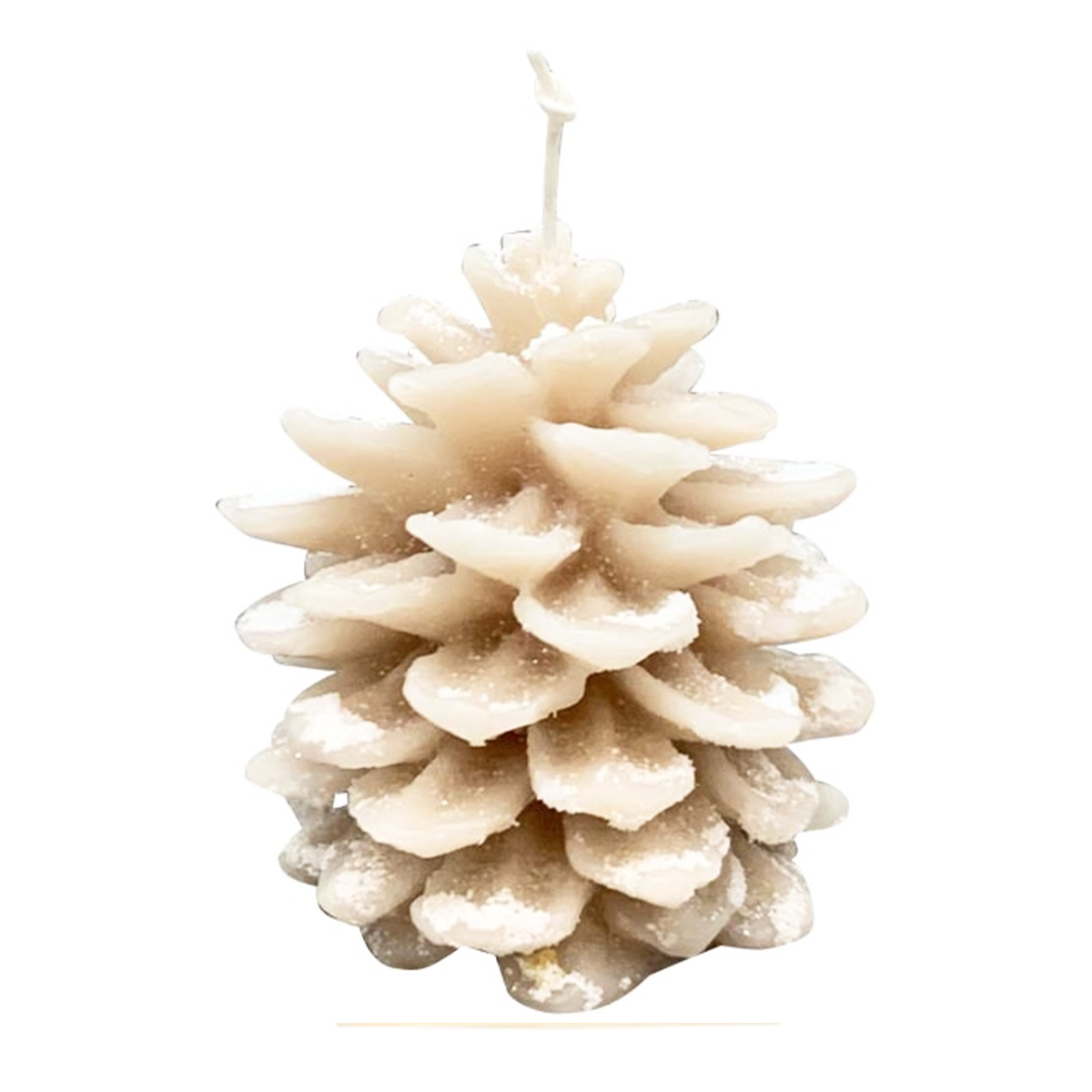 Deko Kerze Tannenzapfen beschneit, Zapfenkerze cremeweiß, 15cm, Wachs