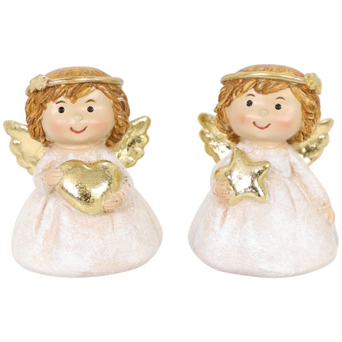 Deko Engel Lilian, kleiner putziger Weihnachtsengel mit goldenem Stern oder Herz, 7cm