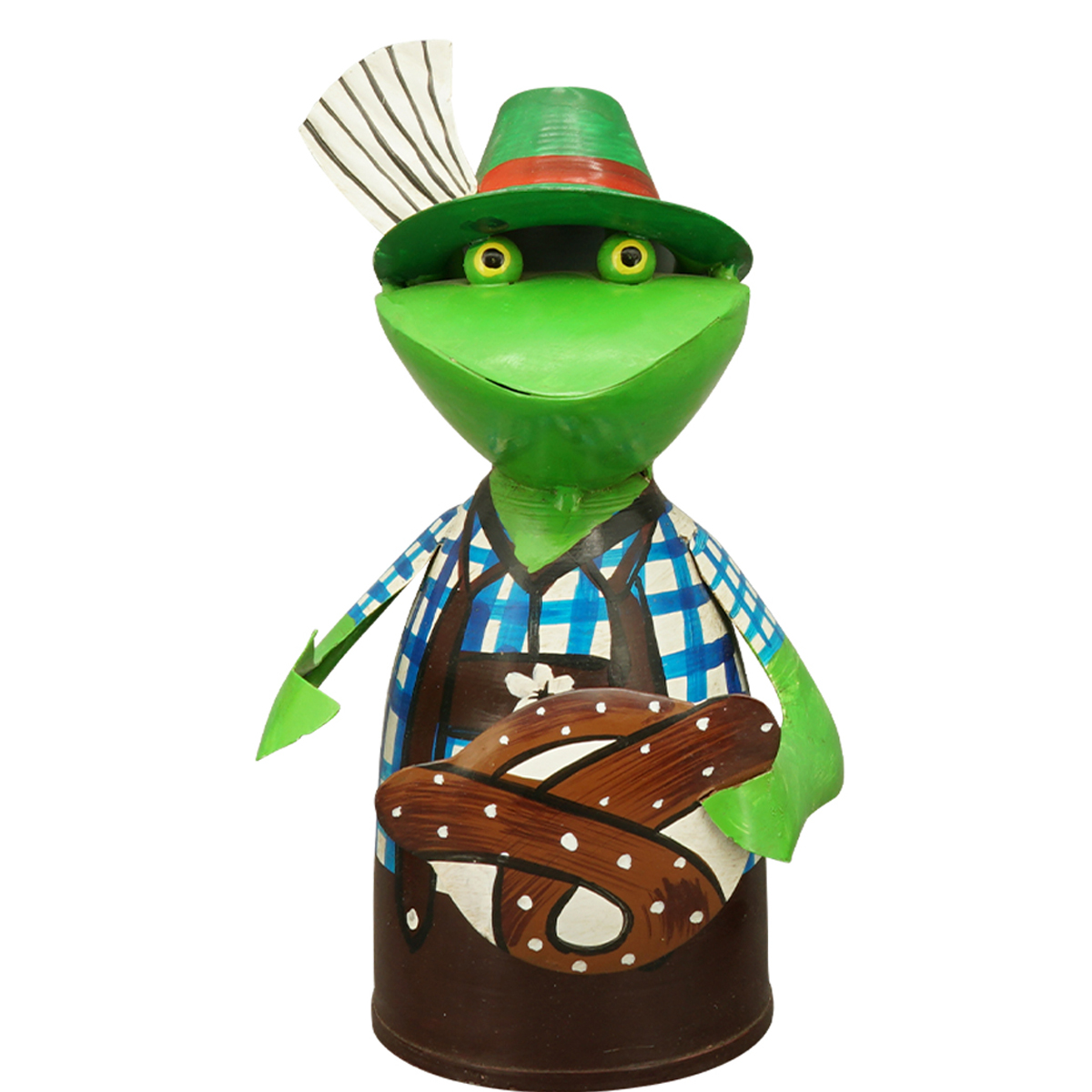 Zaunhocker Frosch Landhaus, Metallfrosch in Lederhose mit Breze, 20cm