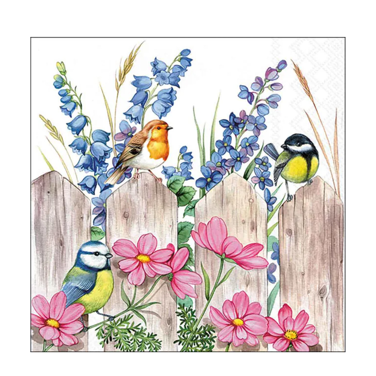 Ambiente Servietten Blumen und Vögel, Birds on Fence, 33x33cm