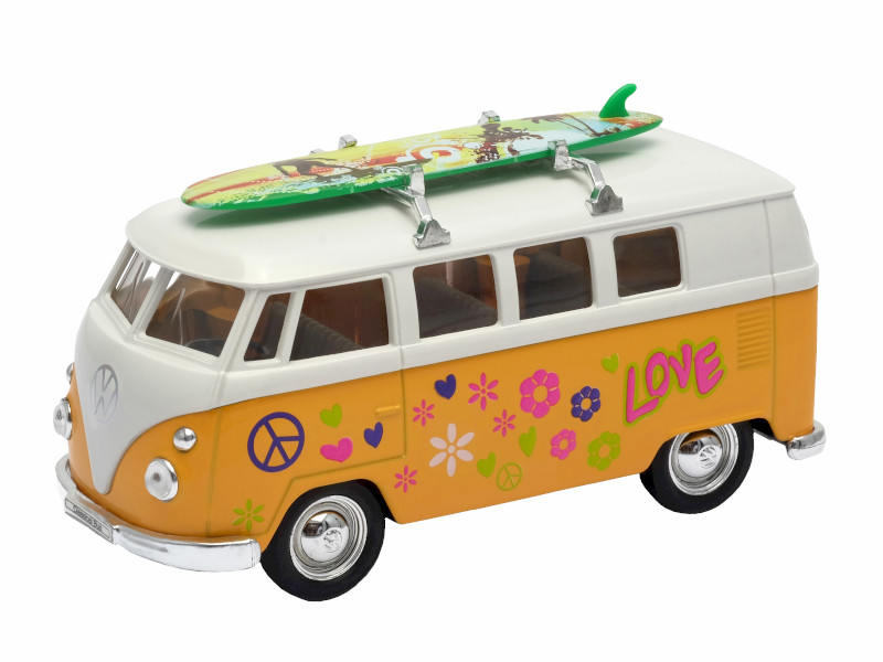 Deko VW Bus Hippie, kleiner Bus T1 mit Surfboard und Hippie Design, 12cm