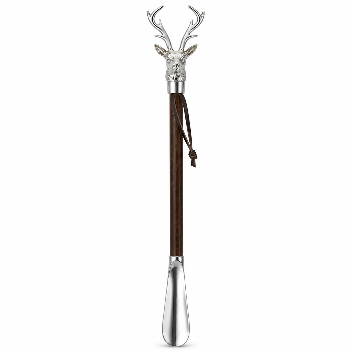 Eleganter Schuhlöffel Hirsch silber - dekorativer Holz-Metall Schuhlöffel mit Steinbockkopf
