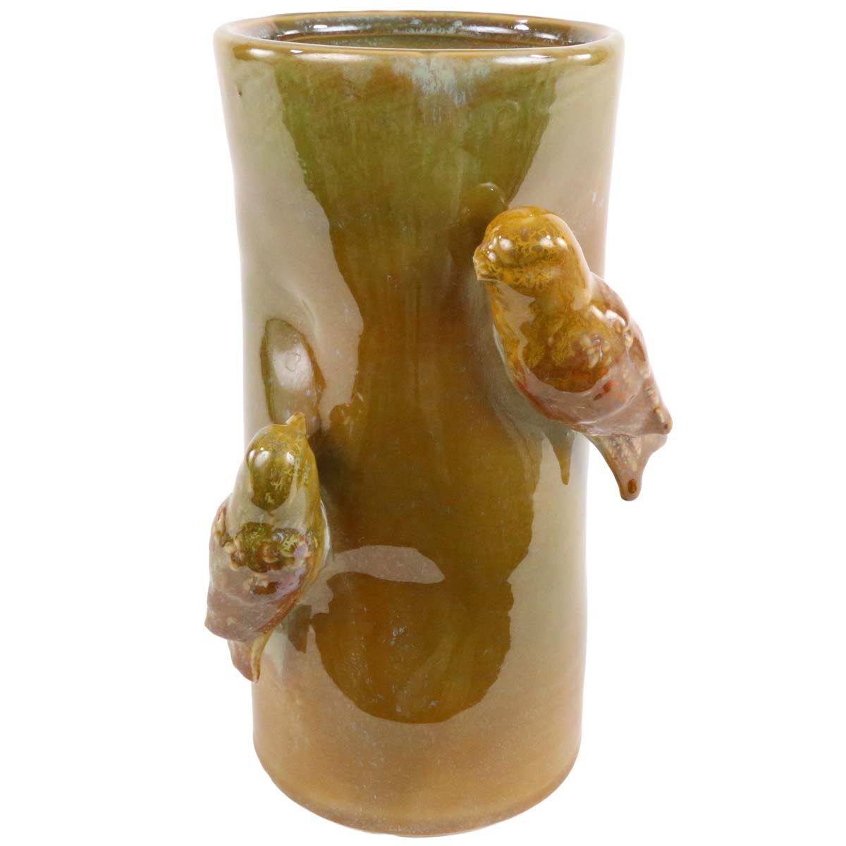Deko Blumenvase aus glasierter Keramik, Vase mit Vögel, Grün-brauntöne, 22cm