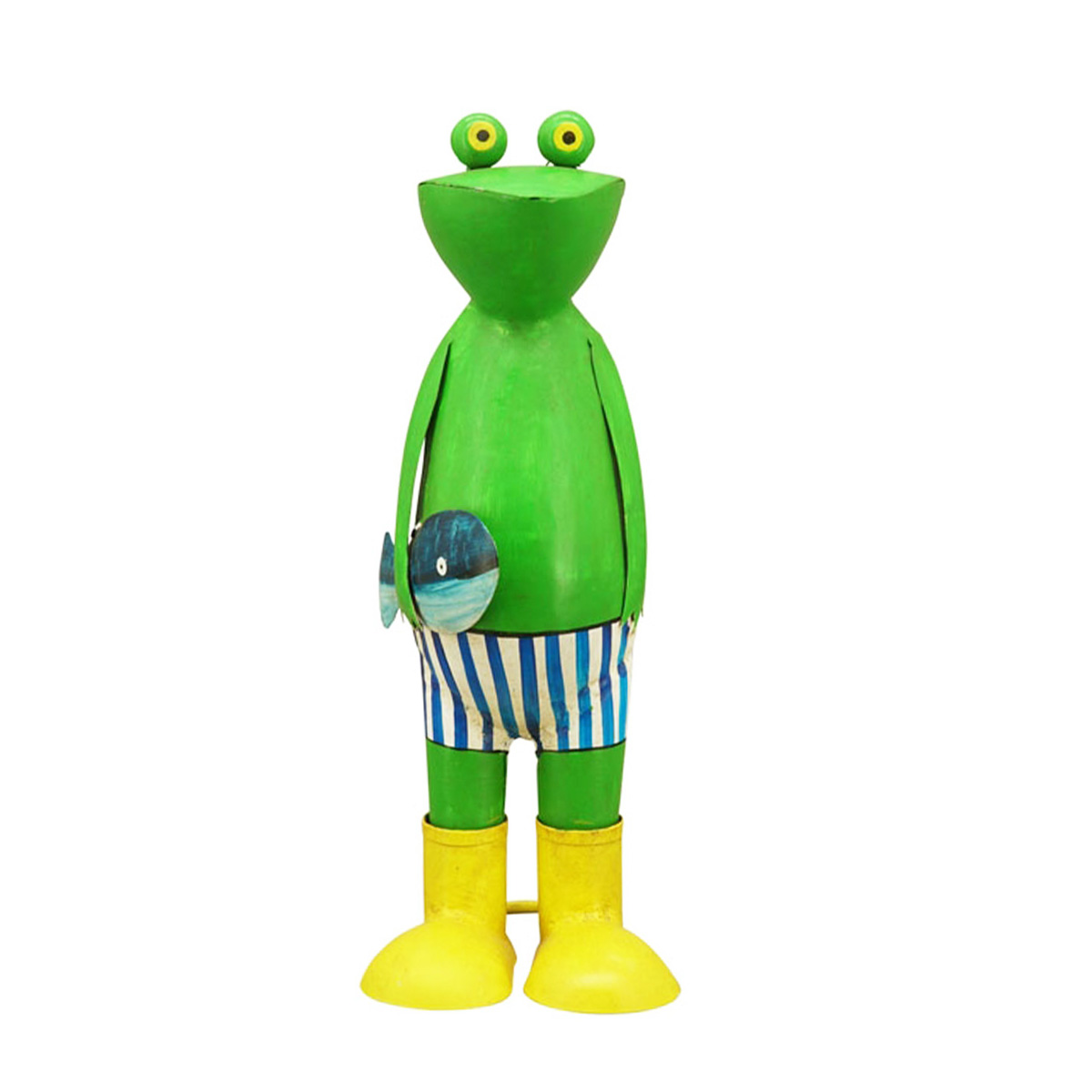Deko Frosch, Metallfrosch mit Badehose, Gummistiefel und Fisch, 38cm, Metall