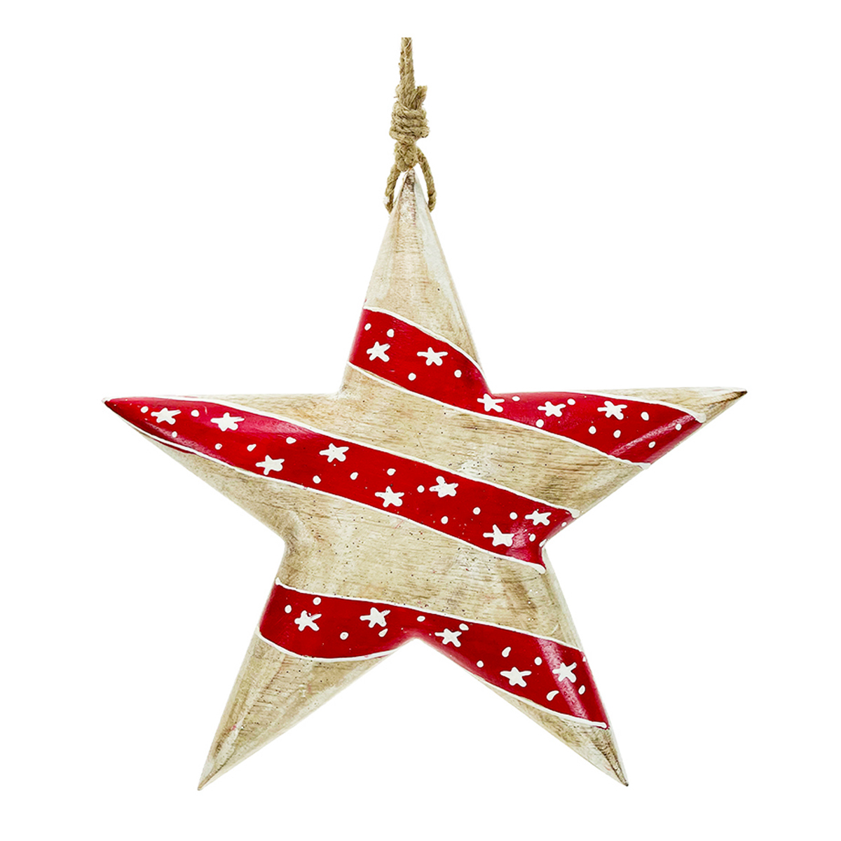 Deko Stern, Holzstern mit Sterne used look, weiß-rot gestreift, 23cm, Hänger
