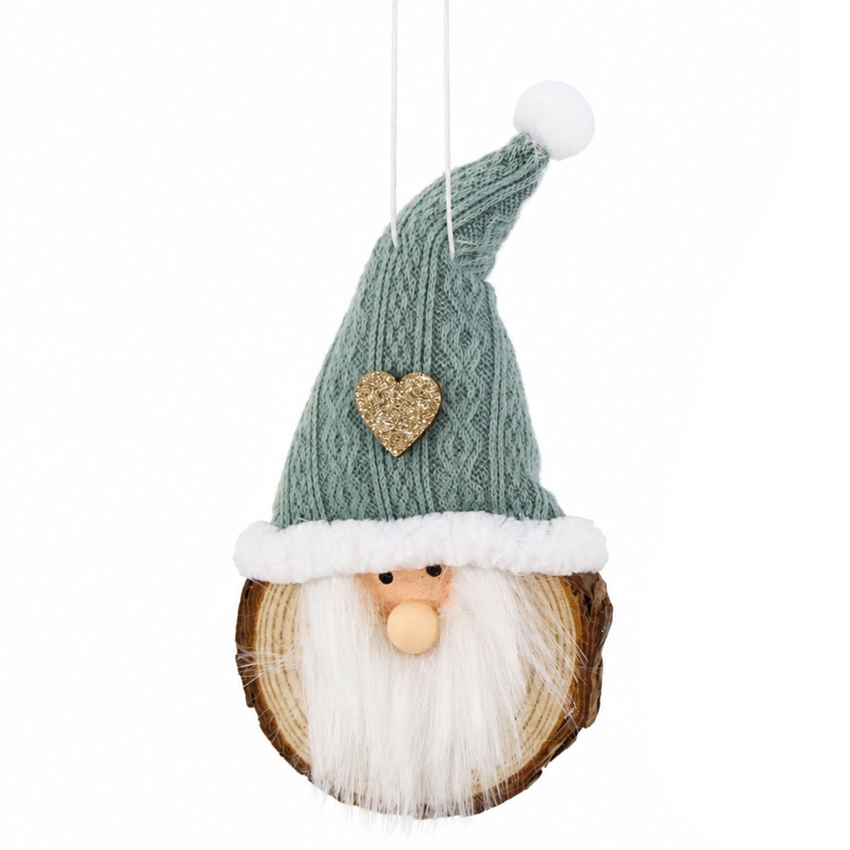 Deko Wichtel auf Holzscheibe, Winterwichtel mit Strickmütze und Herz, Hänger