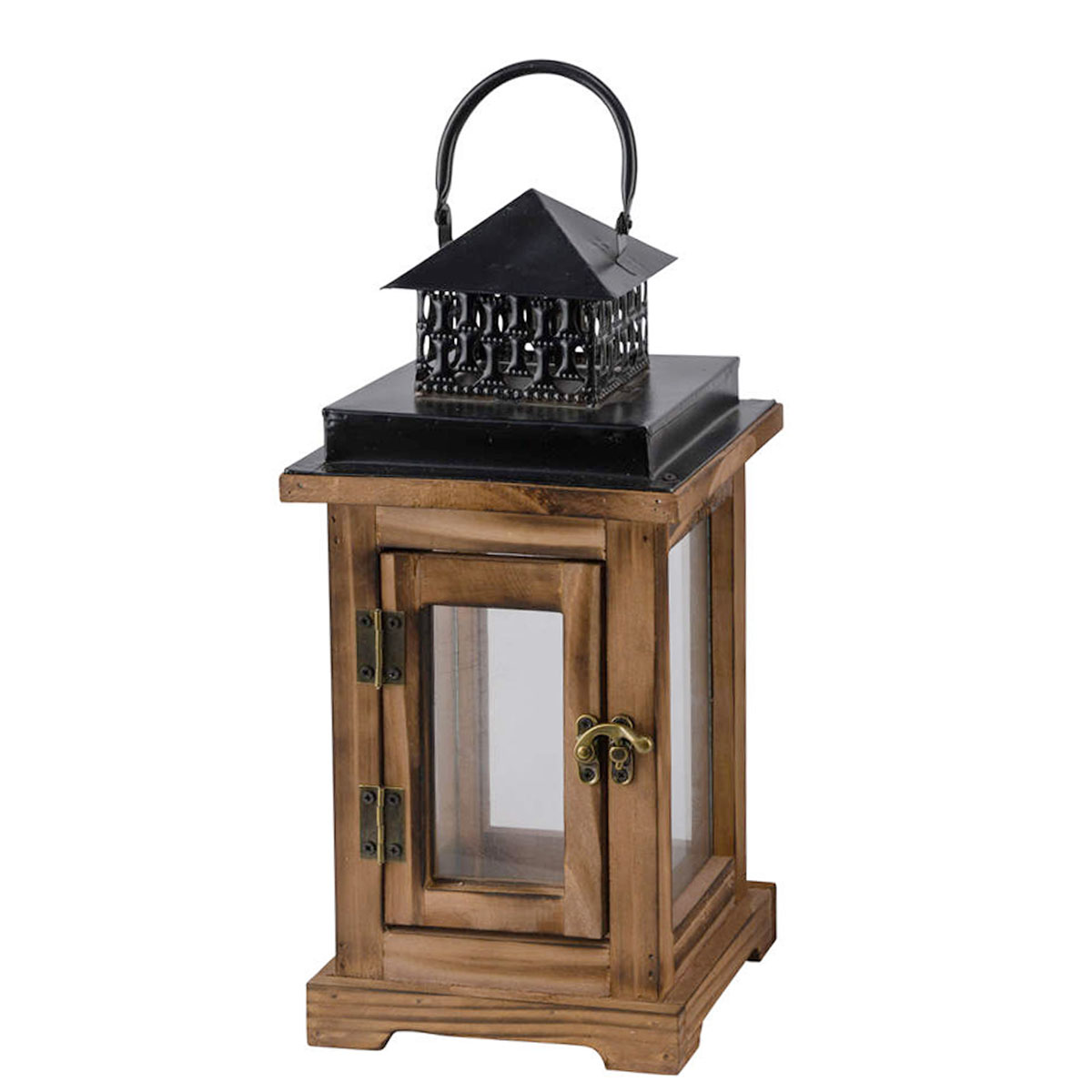 Windlicht Naturholz, braune Holzlaterne mit schwarzem Metalldach, 33cm