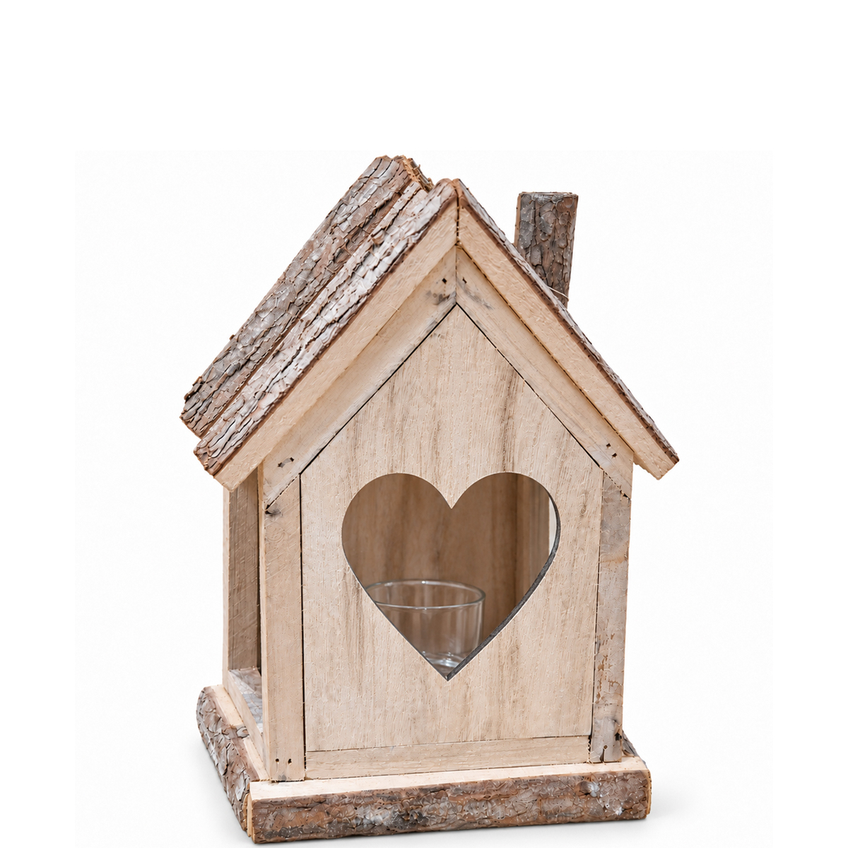 Rustikales Deko-Windlicht Haus, Natur-Holzhaus mit Herzmotiv, 20cm