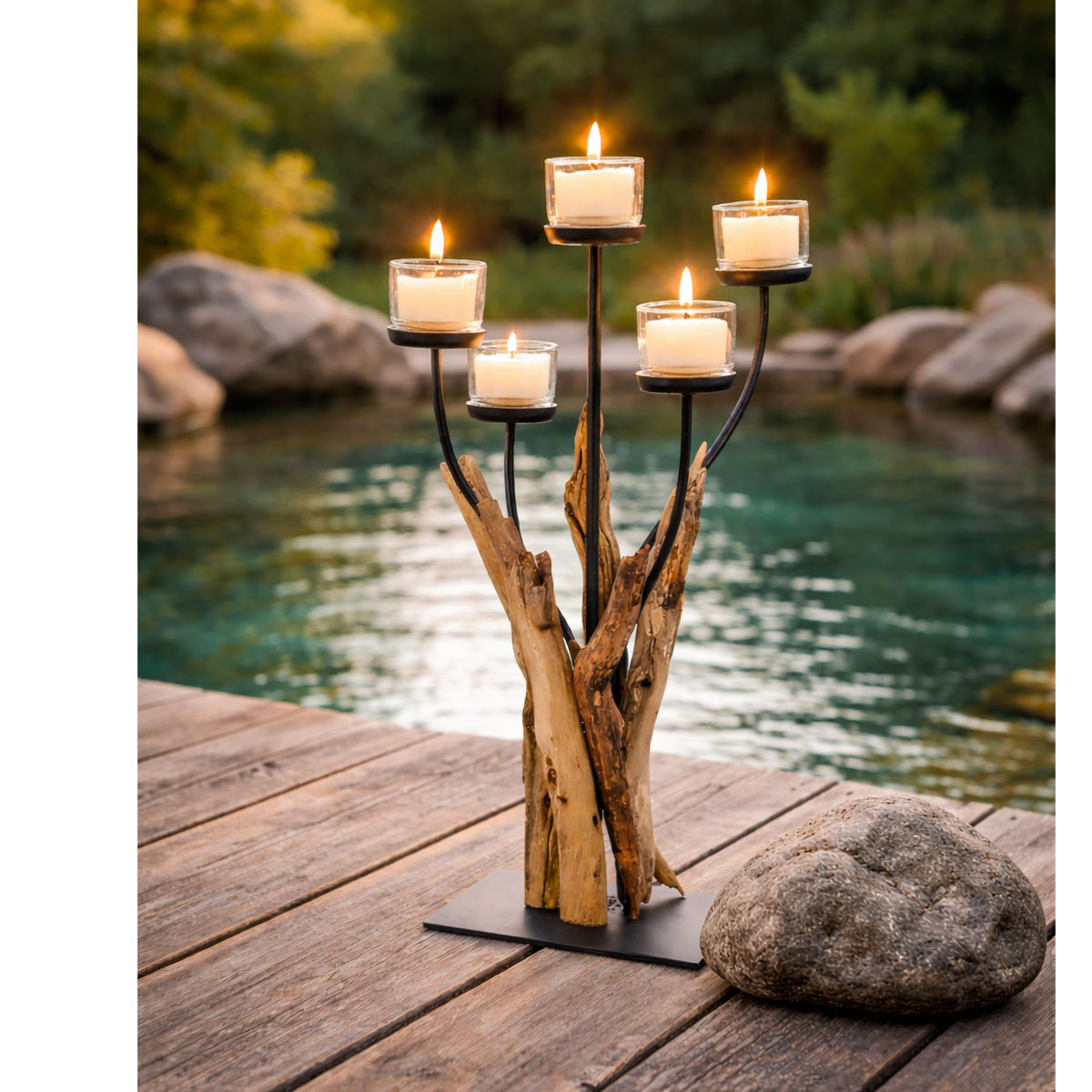 Windlicht Cohiba Naturholz, Schwemmholz mit 5 Kerzengläser, 60cm, Naturholz, WMG Grünberger