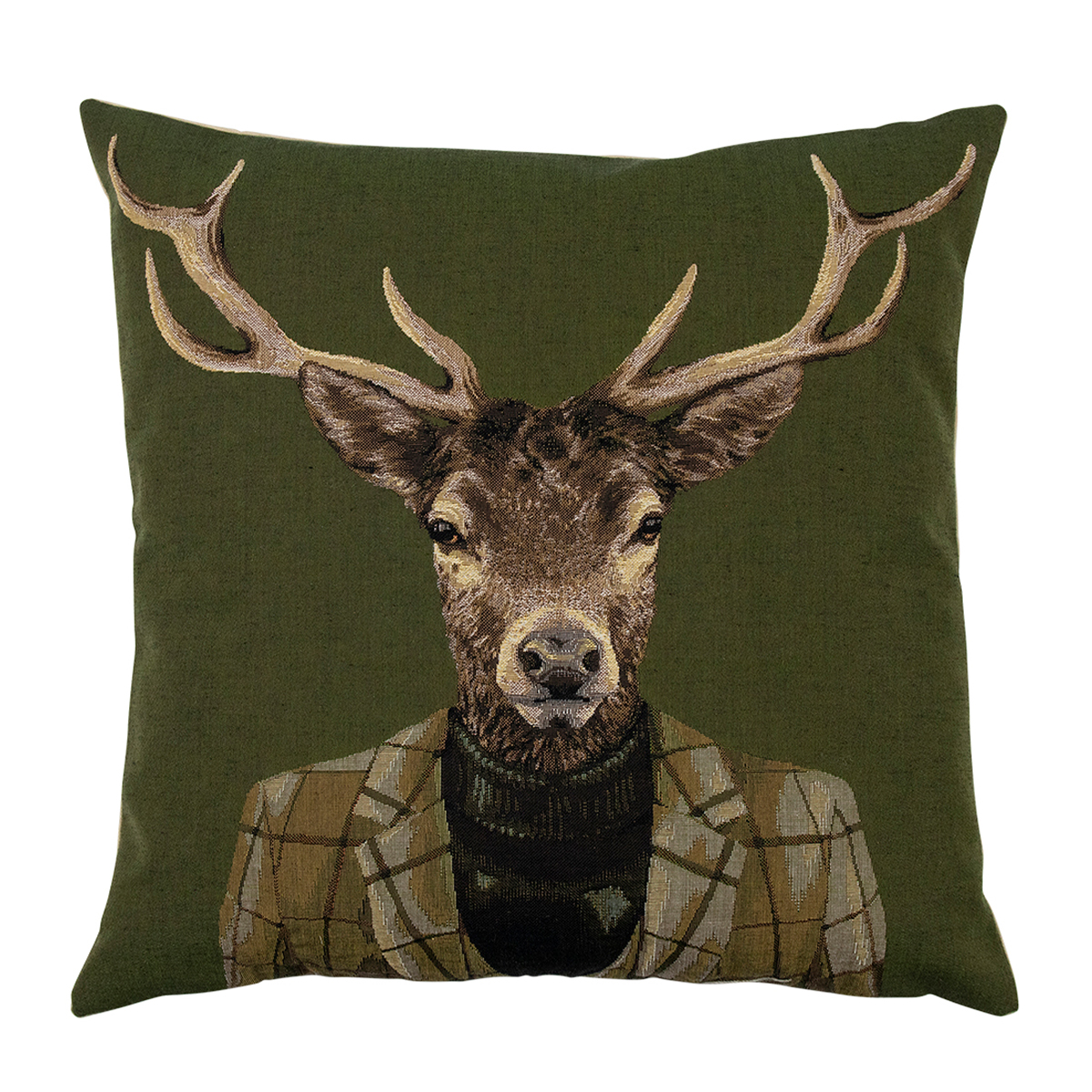 Gobelin Kissen Hirsch, Hirsch mit Rollkragen, grün, 45x45cm, Mars & More