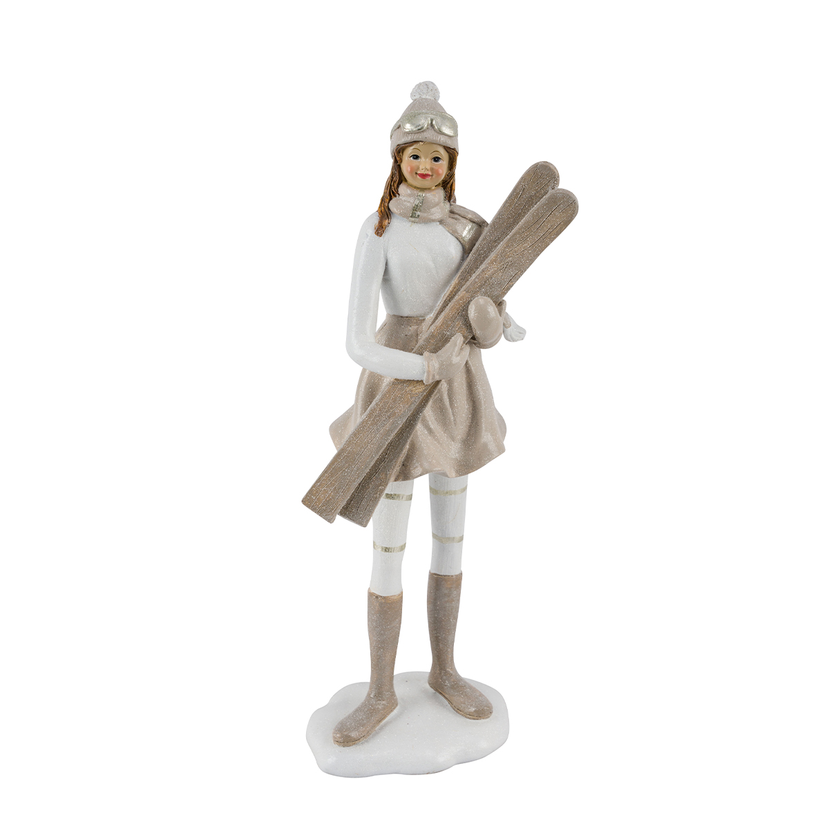 Deko Skifahrer Winterspaß, elegantes Mädchen mit Skibrille und Pudelmütze, weiß-beige-Glimmer, 31cm 