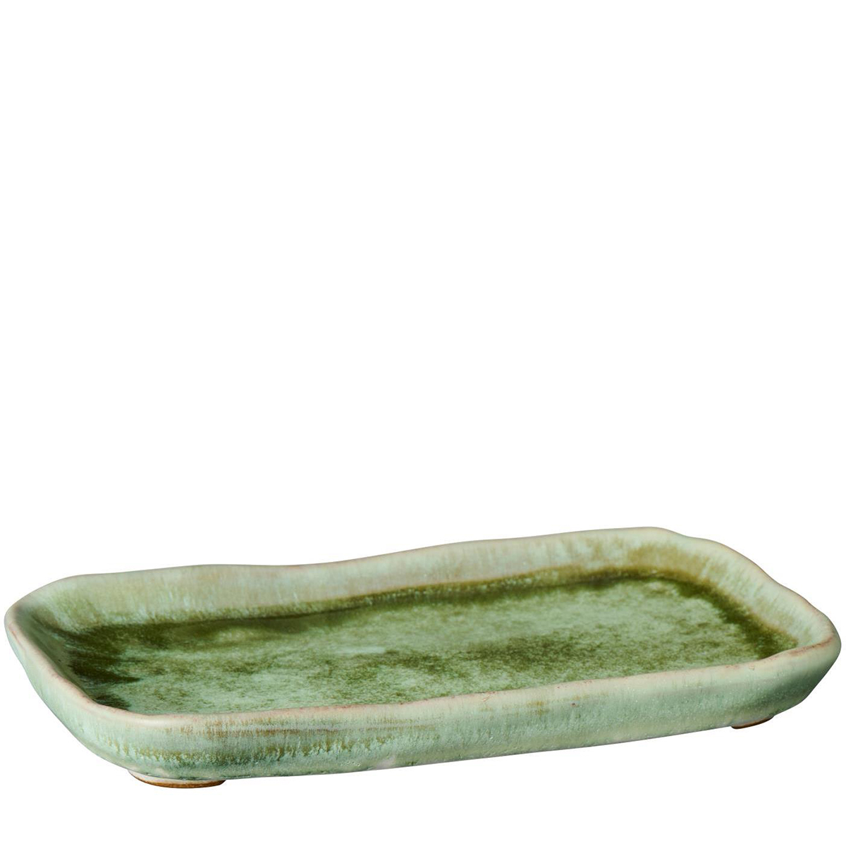 Tablett moosgrün, rustikale Steingutschale länglich, 20cm, Ib Laursen