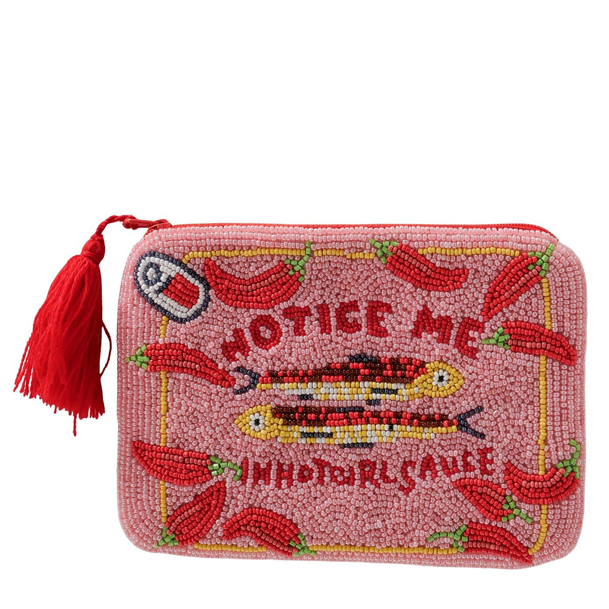 Kosmetiktasche Perlen rosa, mit roter Quaste, Boltze Home Collections