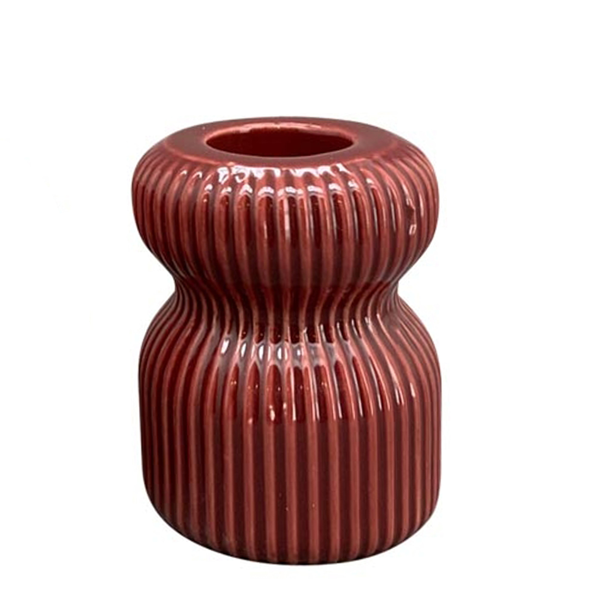 Kerzenständer Gent Tailliert, weinroter Kerzenhalter mit vertikaler Riffelung, Stabkerzenhalter aus Porzellan