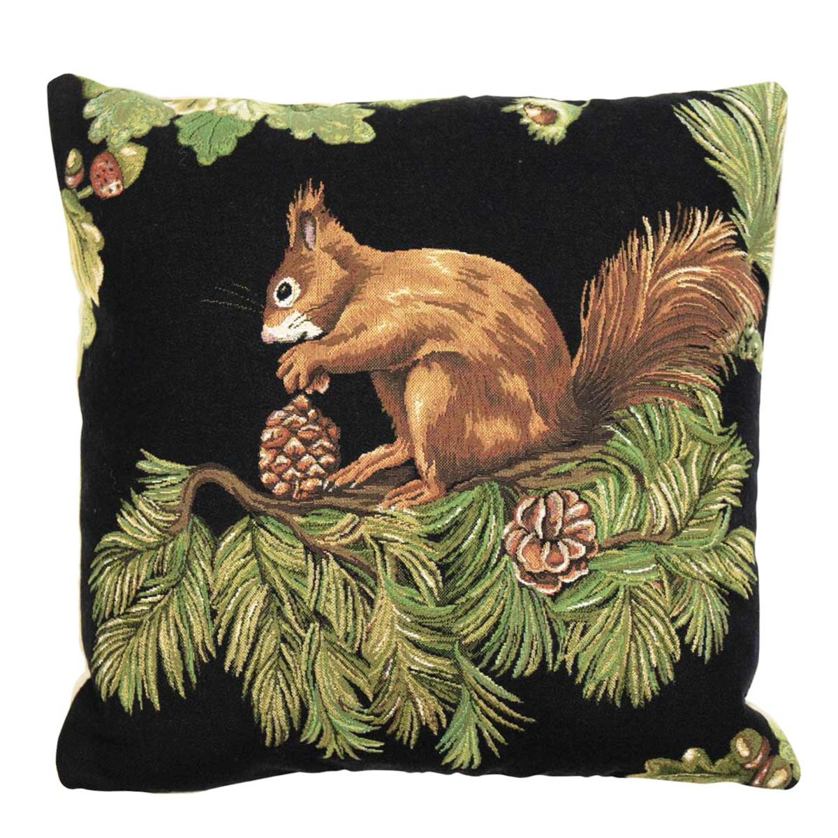 Gobelin Kissen Eichhörnchen, Eichhörnchen mit Tannenzapfen, schwarz, 45x45cm, Mars & More