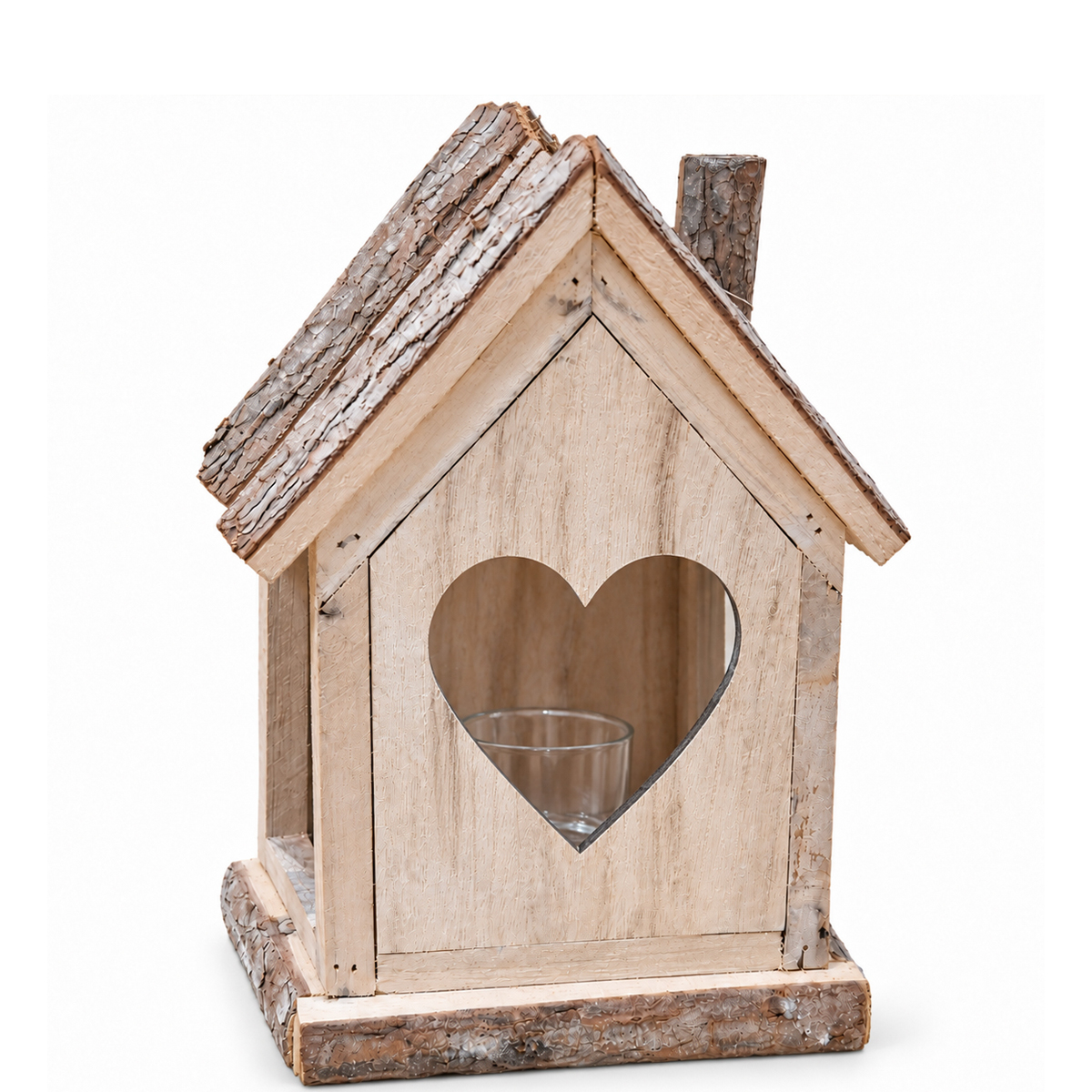 Rustikales Deko-Windlicht Haus, Natur-Holzhaus mit Herzmotiv, 29cm