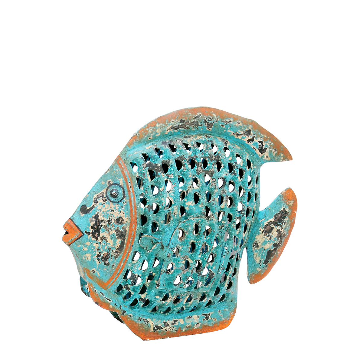 Deko Windlicht Fisch türkis used look, Metallfisch mit kleinem Türchen, 21x18cm