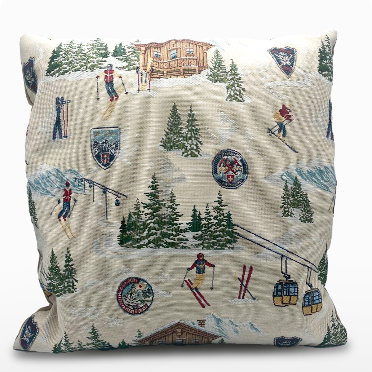 Baumwoll Kissen Winterlandschaft Davos, Berghütte und Skifahrer,beige, 43x43cm, Belly Moden