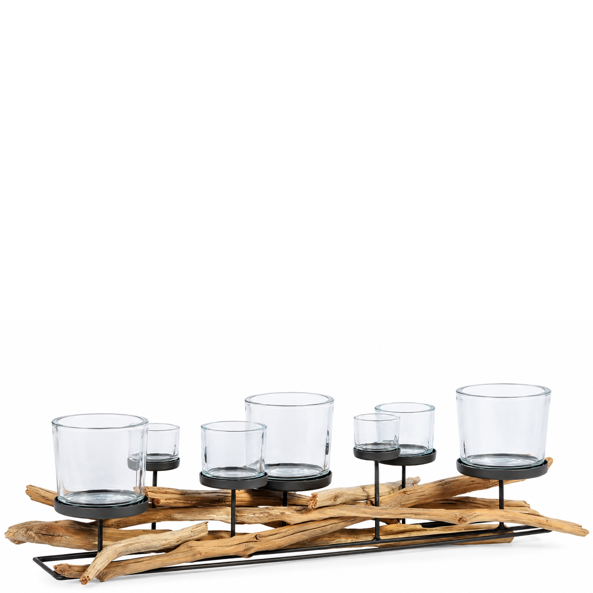 Windlicht Lincoln Schwemmholz, rustikaler Naturholzleuchter mit 7 Gläser, 80cm, WMG Grünberger