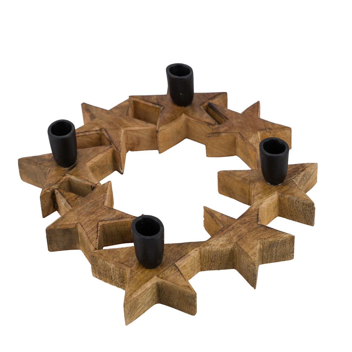 Kerzenhalter Sternenkranz, Holz-Metall-Kerzenhalter für 4 Stabkerzen in Sternform, natur-schwarz, Ø23cm
