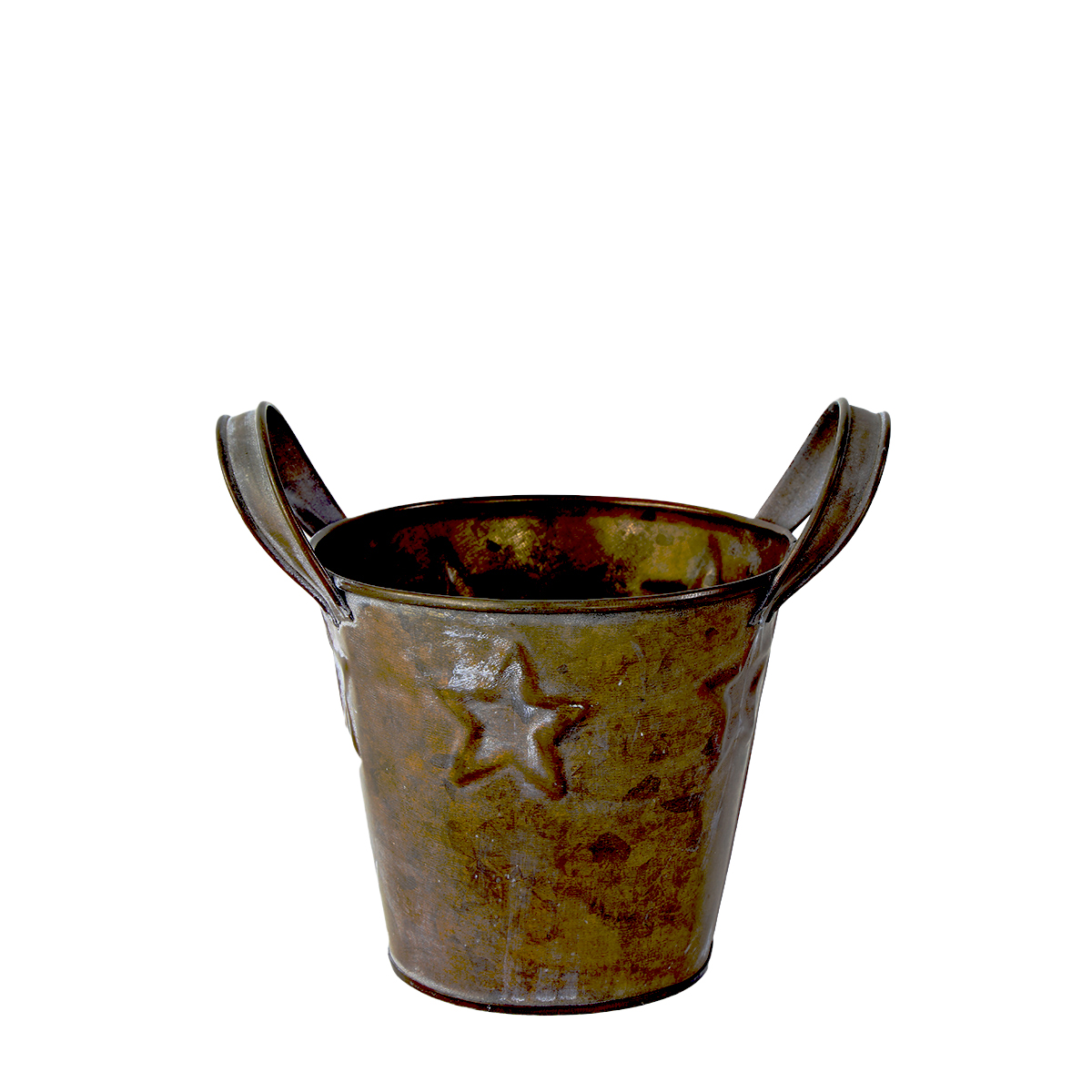 Pflanztopf Sterne Antik, Übertopf mit Henkel und Sterne, used look braun-gold, 12x10cm